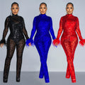 C6808 cross-border   fashion women's solid color mesh feather long sleeve top and pants two-piece set
