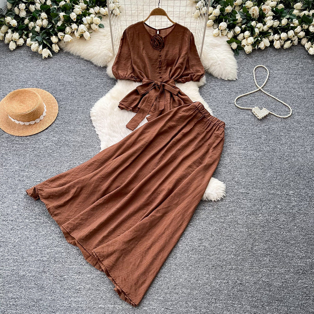 K-stylework clothing style lantern sleeve waist two-piece set female autumslimming lookhigh waist skirt red elegantsuit