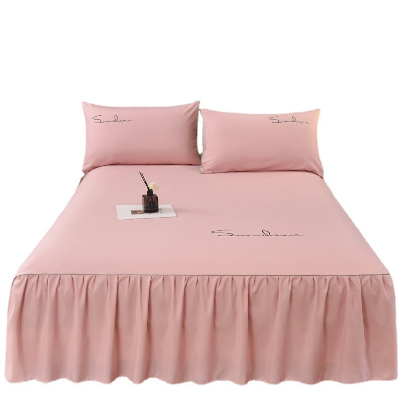 Solid color new light luxury minimalist embroidered single bed skirt fitted sheet non-slip bedspread four seasons princess style single piece