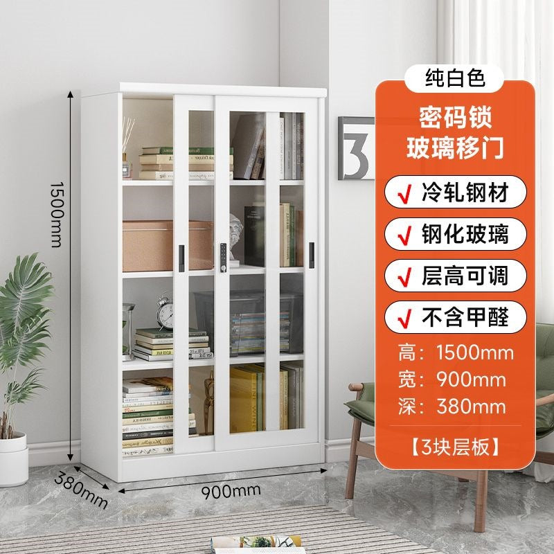 Steel light luxury sliding door bookcase push-pull glass door display cabinet iron kids bookshelf floor-standing storage cabinet password lock