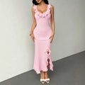 summer  women's pink ruffle backless bodycon slit maxi dress - perfect for beach vacations