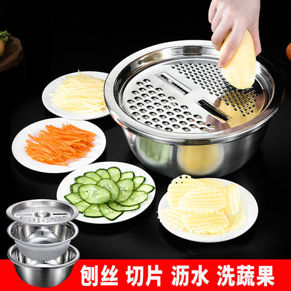 [Three-piece set] Vegetable cutting artifact Stainless steel planed wire slicing potato silk wiper Vegetable basin drain basket multi-function