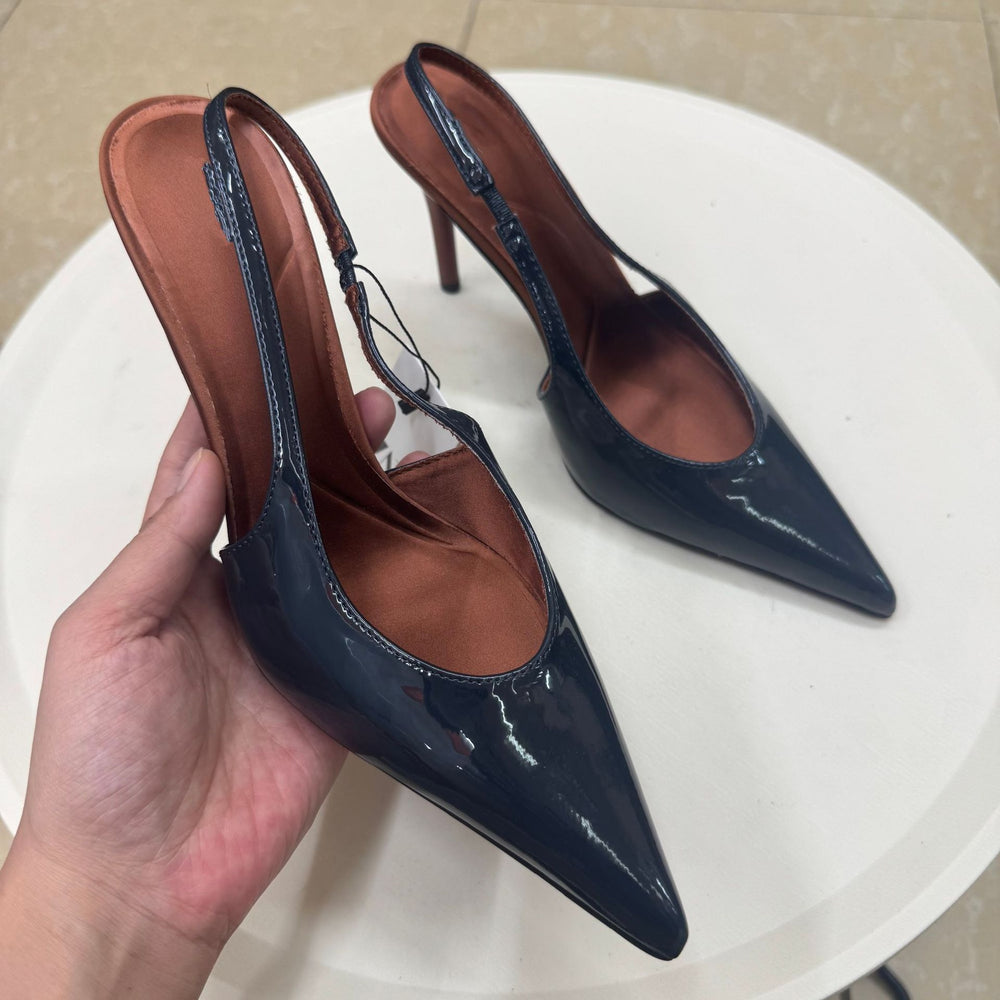 Spanish 2026 spring fashion professional pumps - patent leather effect pointed toe hollow-out stiletto heel sandals
