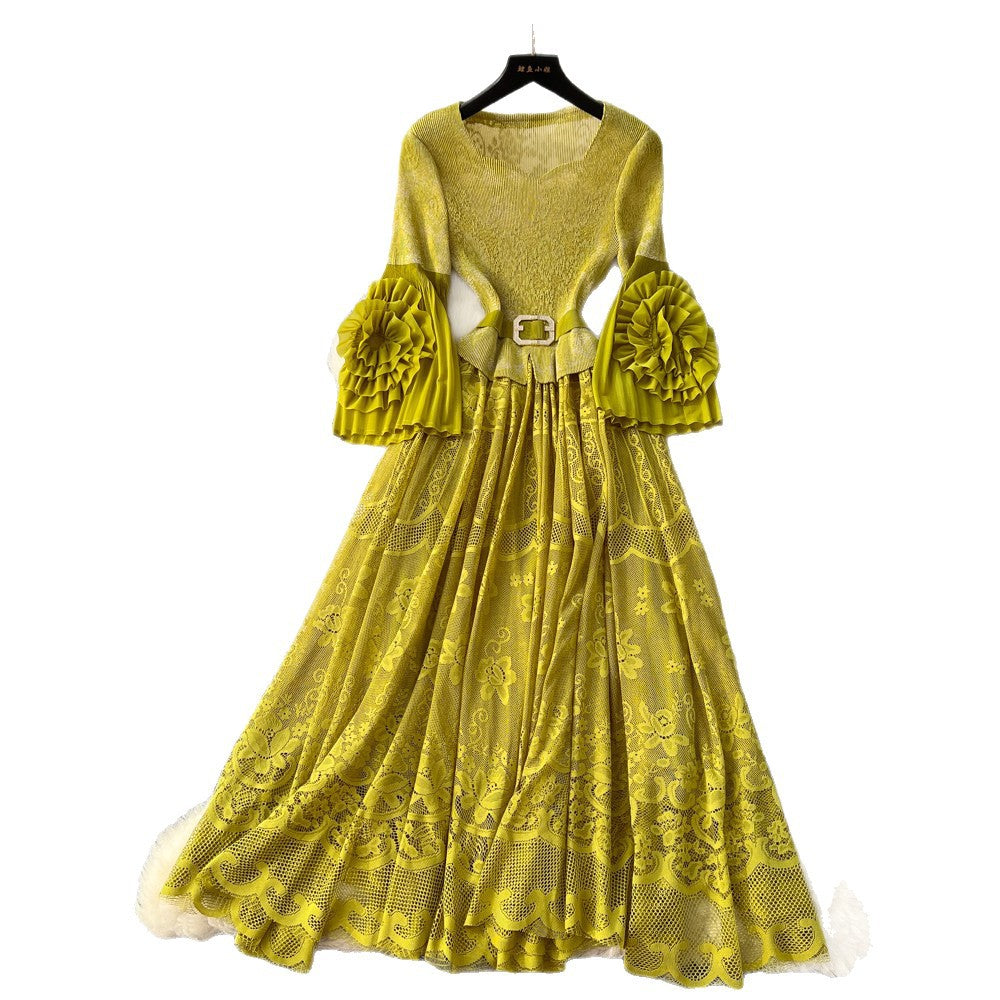 Light mature style lace lantern sleeve cut outdress female stereo flower waist slimming look a-line skirt classy sense of elegant