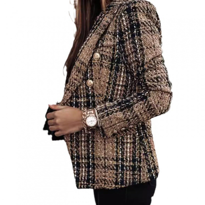 Independent station new arrival fall and winterlong sleeves double-breasted suit collar printing small outwear women's clothing
