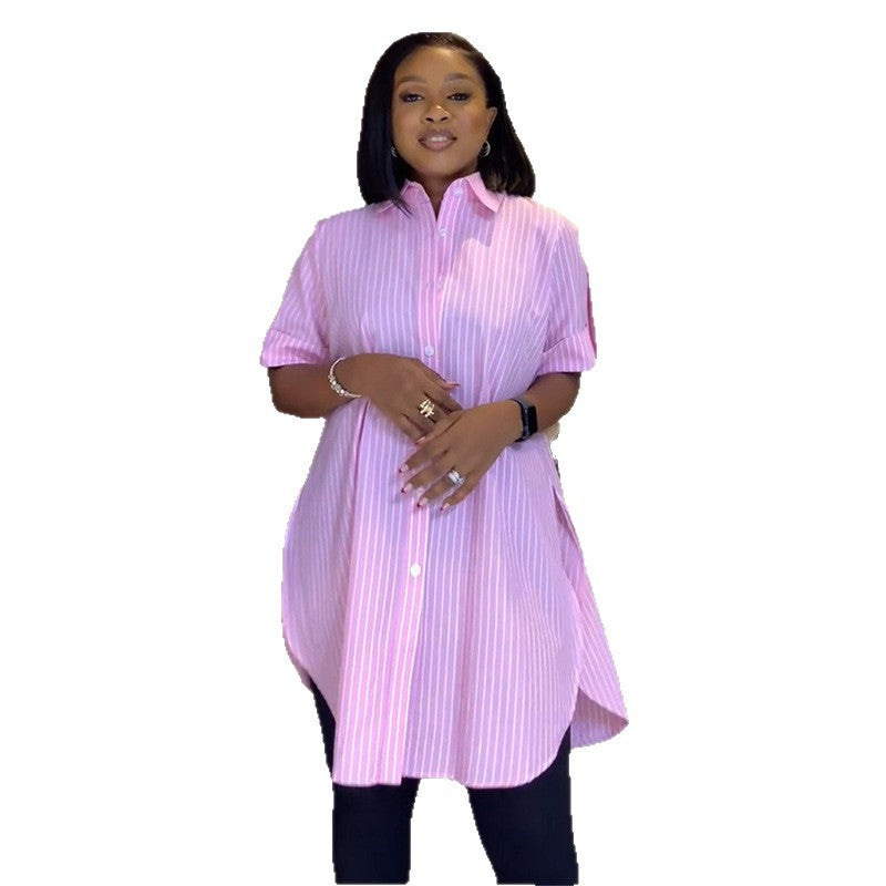 European and american style women's clothing  autumn new sweet and fresh striped turn-down collar long sleeve single-breasted longline shirt top