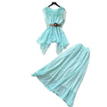French chic halter top & high-waisted midi skirt set - women's work-ready, breathable mesh summer two-piece