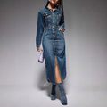Amazon independent station  cross-border women's lapel button long sleeves slit new arrival denim longdress