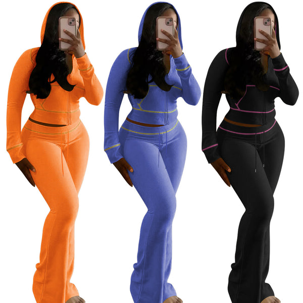 YD8815-C2 European and American women's clothing, 's new models, fashionable and elegant waffle hooded two-piece set,