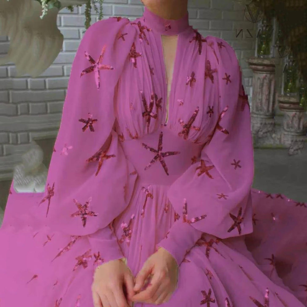 2025 new arrival: multi-color, ready-to-ship, semi-high neck, sequin-embellished, slit, lantern sleeve, maxi chiffon dress