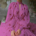 2025 new arrival: multi-color, ready-to-ship, semi-high neck, sequin-embellished, slit, lantern sleeve, maxi chiffon dress