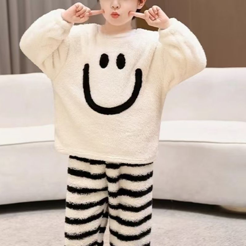 Children's fall and winterthickenedheattech velvet pajamas set for girls sweet baby boyfleece-lined