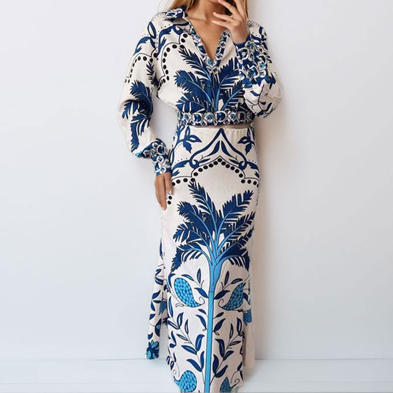summer new women's clothing: cross-border european and american hot seller - fashionable printed v-neck irregular top and maxi skirt set