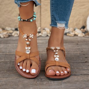 new cross-border e-commerce  dropshipping manufacturer wholesale women's bohemian floral rhinestone flat sandals