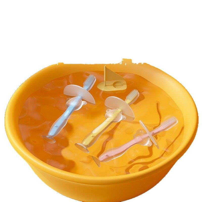English card baby training silicone three-dimensional baby tooth brush standing suction cup toothbrush silicone tongue coating soft bristle brush