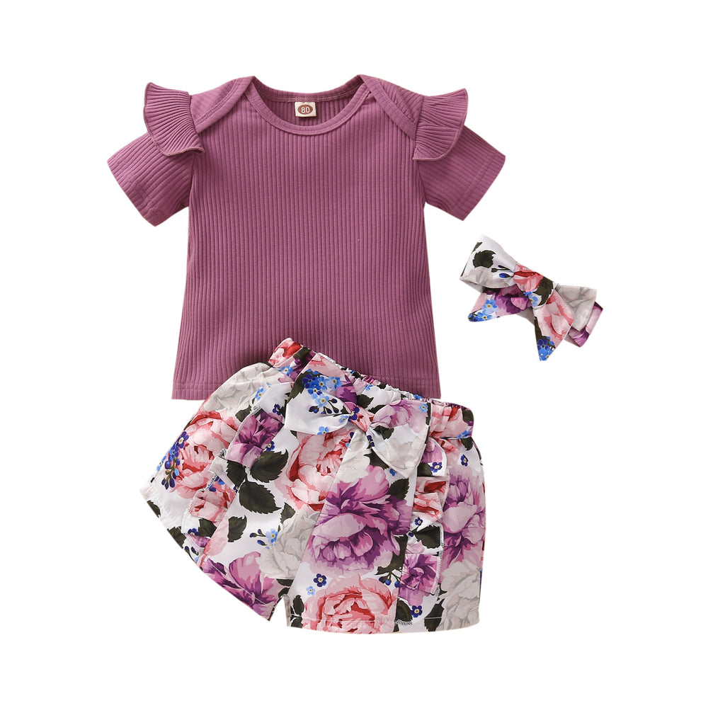 hot-selling summer ribbed, skin-friendly girls' floral print pants and top set. available in multiple colors. 100% cotton
