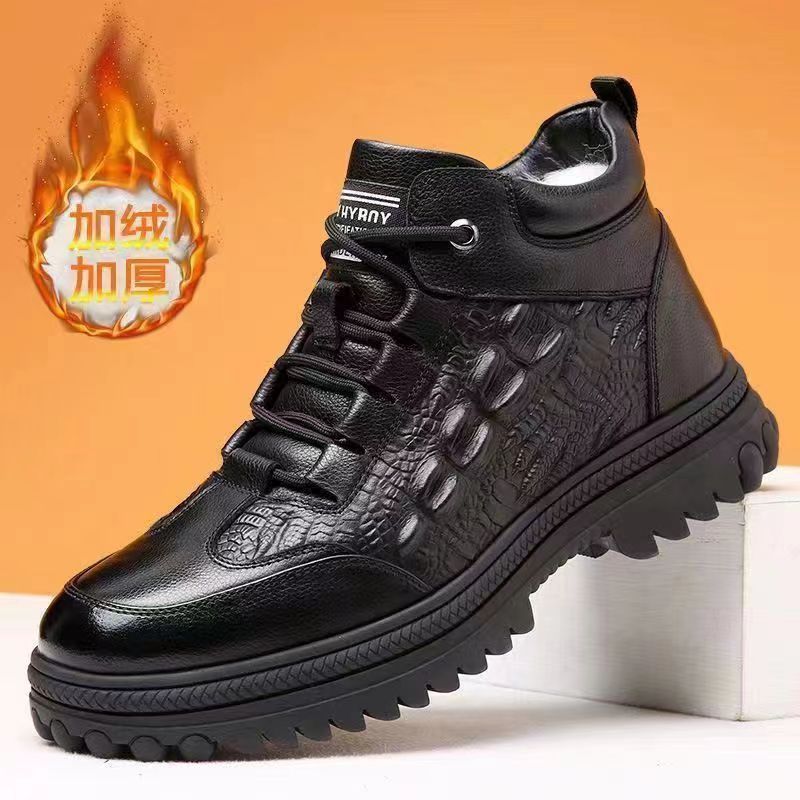 Winter leather shoes for elderly men, dad's fleece-lined casual warm anti-slip work shoes, thickened high-top men's cotton shoes