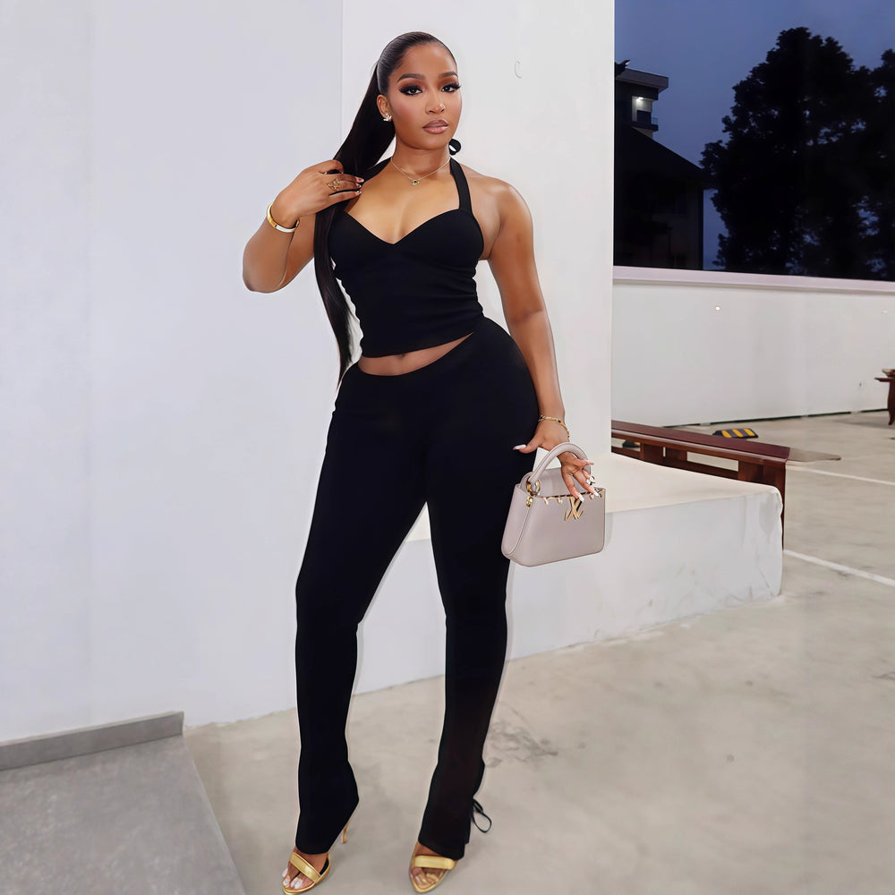 European and american cross-border women's fashion:  autumn new arrival - solid color sleeveless halter neck sexy top & leggings casual set