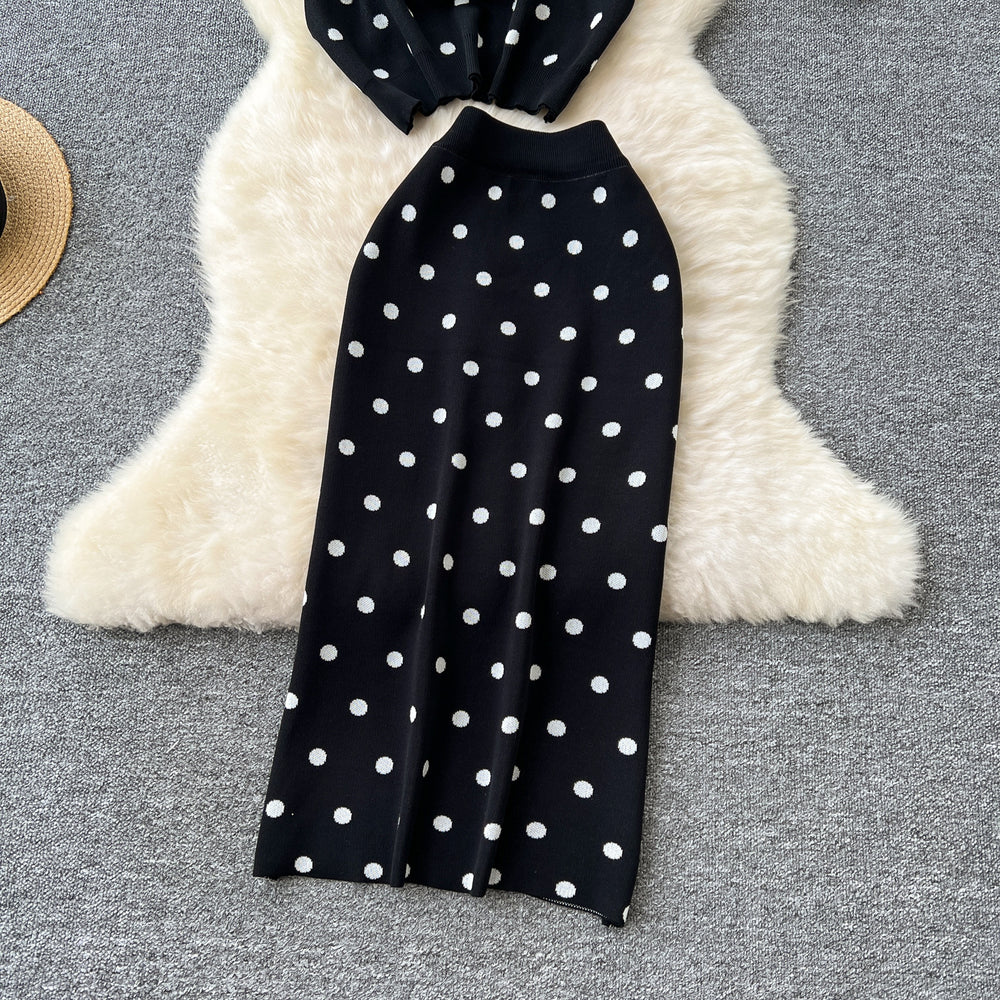 Knitted women's two-piece set:  new arrival, soft & chic style, round neck short sleeve polka dot top with high-waisted slim fit midi skirt
