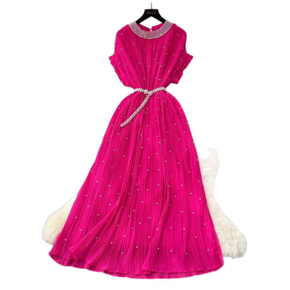 summer women's niche high-end beaded round neck short sleeve tie-waist pleated dress