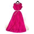 summer women's niche high-end beaded round neck short sleeve tie-waist pleated dress