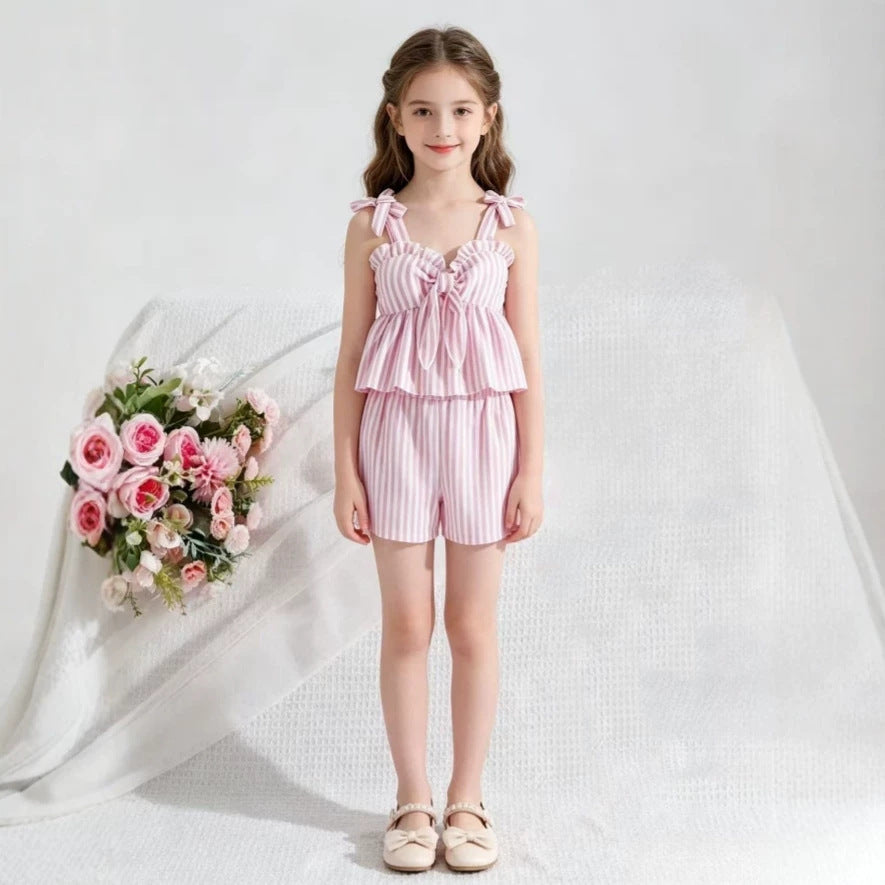 girls' summer outfit: new european and american style, toddler and child suspender top and shorts, fashionable striped two-piece set