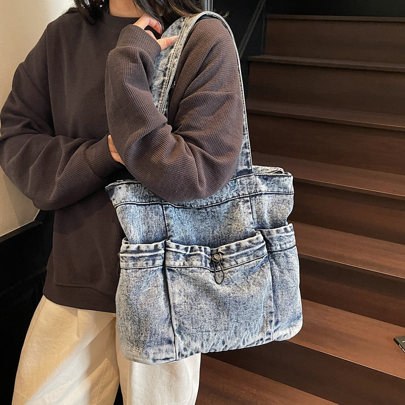 Cross-border new denim shoulder retro bag female Mori casual backpack new trendy cool simple commuter tote bag