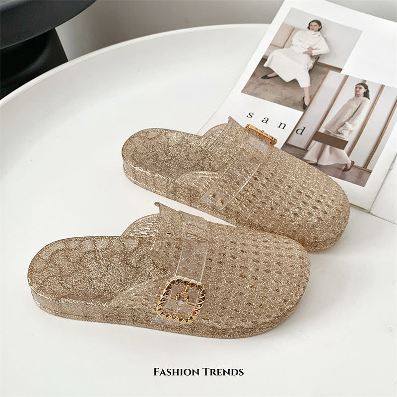 2026 new flat fashion glitter sandals & slides - transparent crystal toe birkie slippers for women's summer outdoor wear