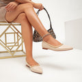 European and american fashion women's apricot pointed-toe flats with pearl rivets - vintage elegant commuter shoes