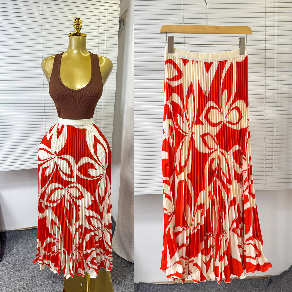 European and american style elegant pleated print midi skirt - high waist, slimming, flowy a-line skirt with elastic waistband - perfect for summer