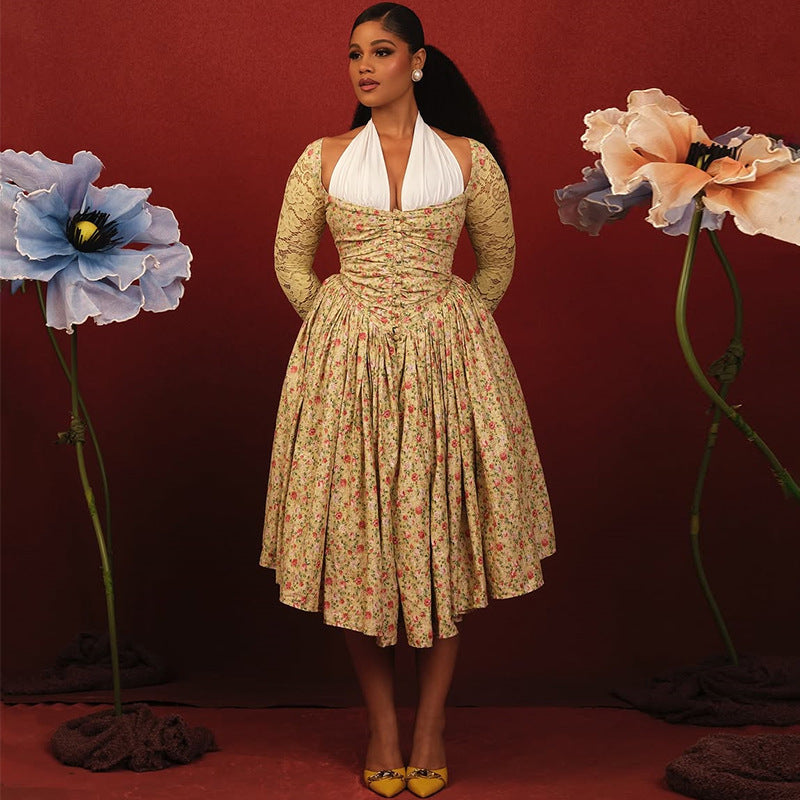 European and american cross-border women's fashion:  autumn new arrival - elegant halter neck printed waist-cinching a-line midi maxi dress