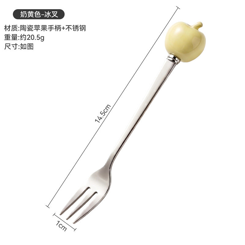 Colorful apple fork and spoon set - creative spoons with stainless steel and ceramic handles for fruit, coffee, cake, and desserts - wholesale