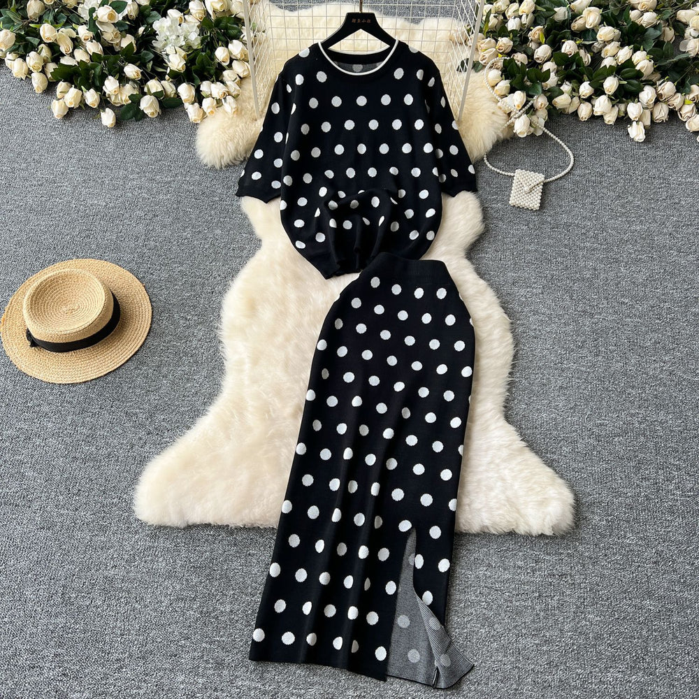 Elegant knitted set for women: high-end polka dot crewneck short sleeve top + midi slit knit skirt