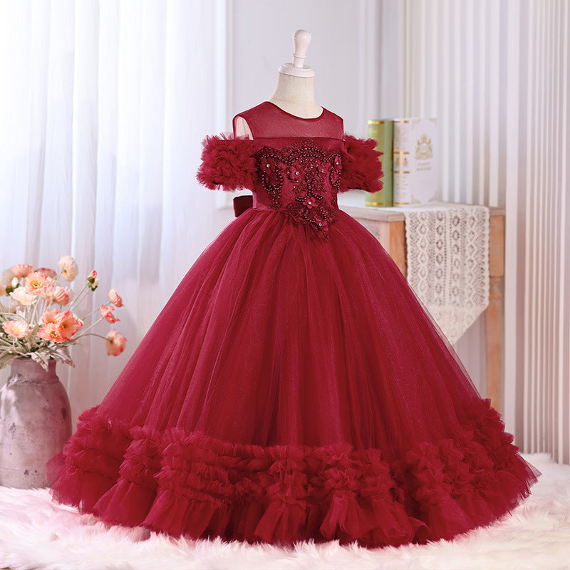 European and american style  girls' dress - mesh off-the-shoulder elegant birthday tutu dress - ready to ship