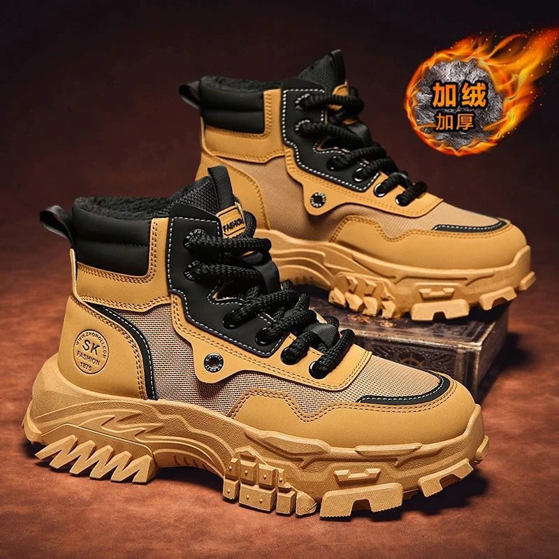 Men's winter fleece-lined thickened athletic casual snow boots - youth thick-soled dad shoes - waterproof, cold-proof, warm cotton shoes