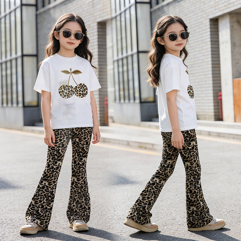 Girls' two-piece summer outfit: lightweight casual leopard print fashion set for girls,  new short-sleeve printed set