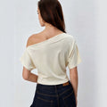women's off-the-shoulder/one-shoulder top, figure-flattering, slimming, short-sleeved, soft and elegant style, niche design t-shirt