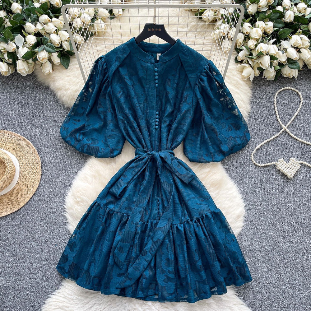 Accessible luxury palace style puff sleeve dress women's summer mesh embroiderpatchwork stand collar design elegant royal sister short skirt