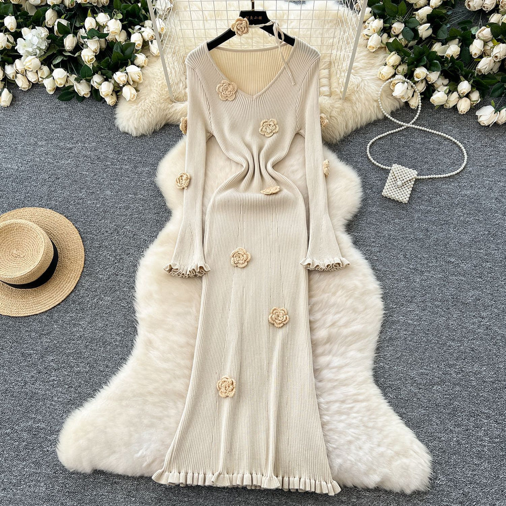 Atmosphere elegantstereo flower v necklong sleevesdress women's silmslimming look inner wear sweater skirtfall and winternew arrival