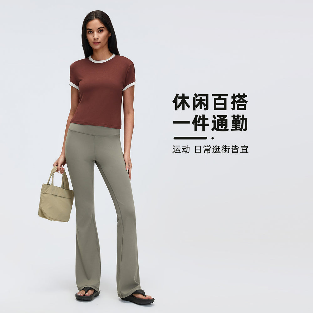 Color block shoulder cropped activewear tee - women's summer solid color crew neck sports yoga top d26053