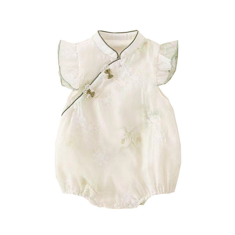 Infant and toddler summer clothing, lightweight flutter-sleeve romper for baby girls, korean-style cute and adorable cheongsam-inspired triangle bodysuit