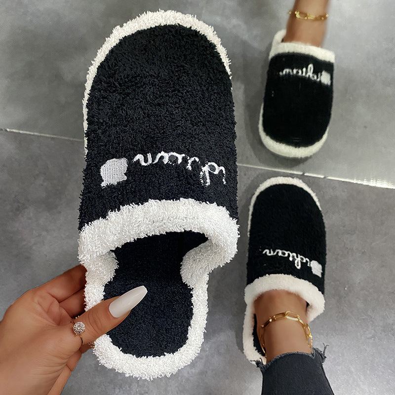 Amazon winter baotou home plaid flat heel pure color plus size round toe home heattech casual cotton slippers dropshipping