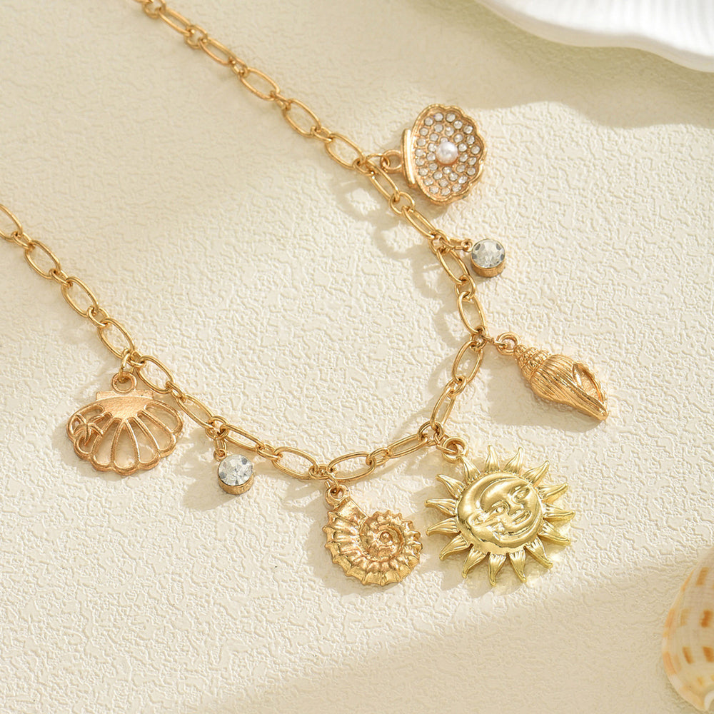 European and american cross-border new arrival: ocean-inspired seashell and conch necklace with minimalist design, sunflower and smiley face pendants for women