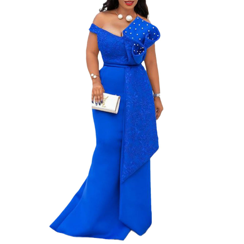 spring/summer new arrival: cross-border ins style irregular lace off-the-shoulder handmade ruffle beaded bodycon dress