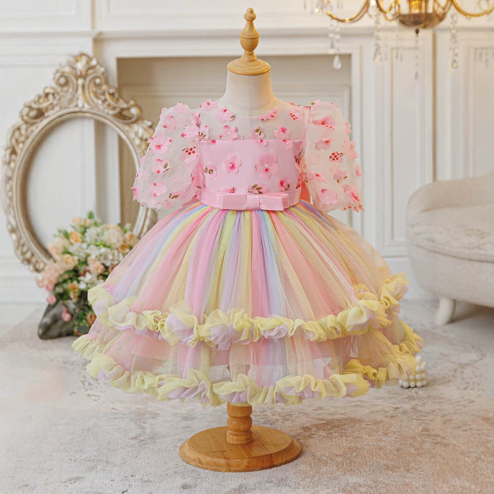 European and american new princess dress mesh print rainbow floral girl's wedding dress party baby's first birthday christening gown