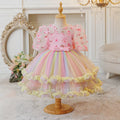 European and american new princess dress mesh print rainbow floral girl's wedding dress party baby's first birthday christening gown
