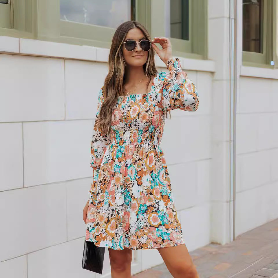 European and american cross-border chic women's clothing:  autumn new collection - square neck, long sleeve, printed, waist-cinching, slim-fit midi dress