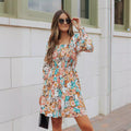 European and american cross-border chic women's clothing:  autumn new collection - square neck, long sleeve, printed, waist-cinching, slim-fit midi dress