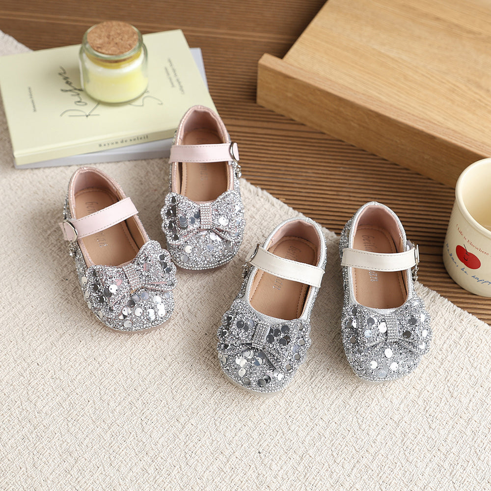 Vancahao girls' rhinestone bow princess shoes,  spring/autumn new korean style children's fashion soft sole leather shoes