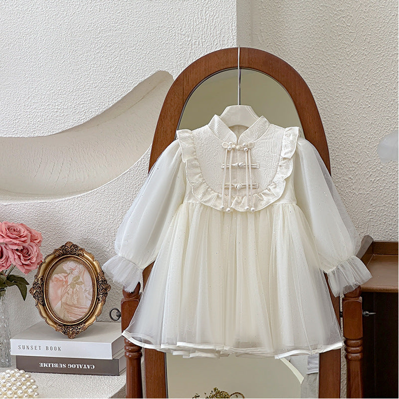 Girls' dress  spring new arrival: gentle, modern chinese style, single-breasted button, flared skirt, kids' birthday dress, trendy